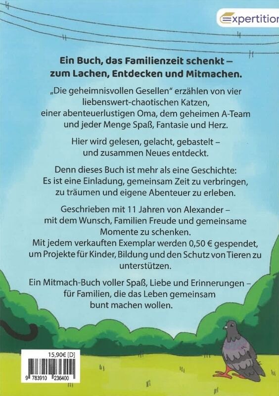 Rückseite des Kinderbuchs „Die geheimnisvollen Gesellen“ mit Beschreibung eines fantasievollen Mitmach-Abenteuers für Familien.