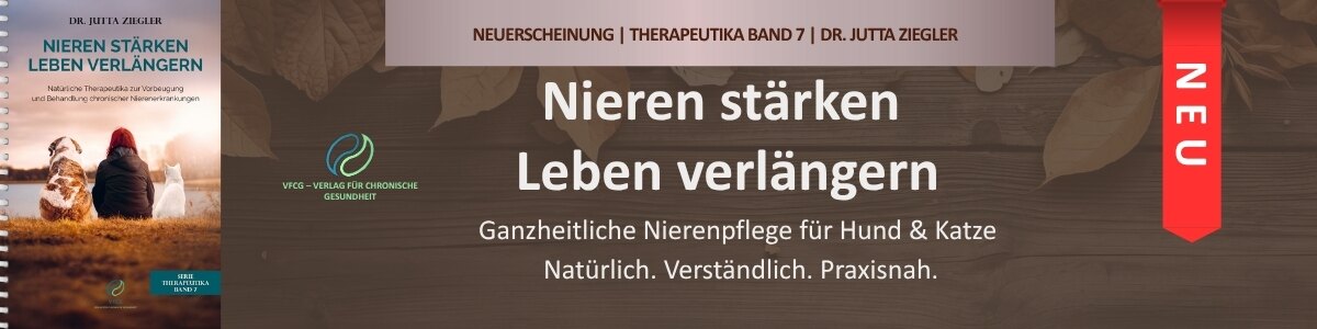 Buchcover „Nieren stärken – Leben verlängern“ zur Nierenpflege bei Hund und Katze.